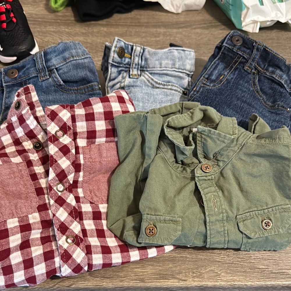 Plaid and Solid Button-Up Shirts with Denim Shorts